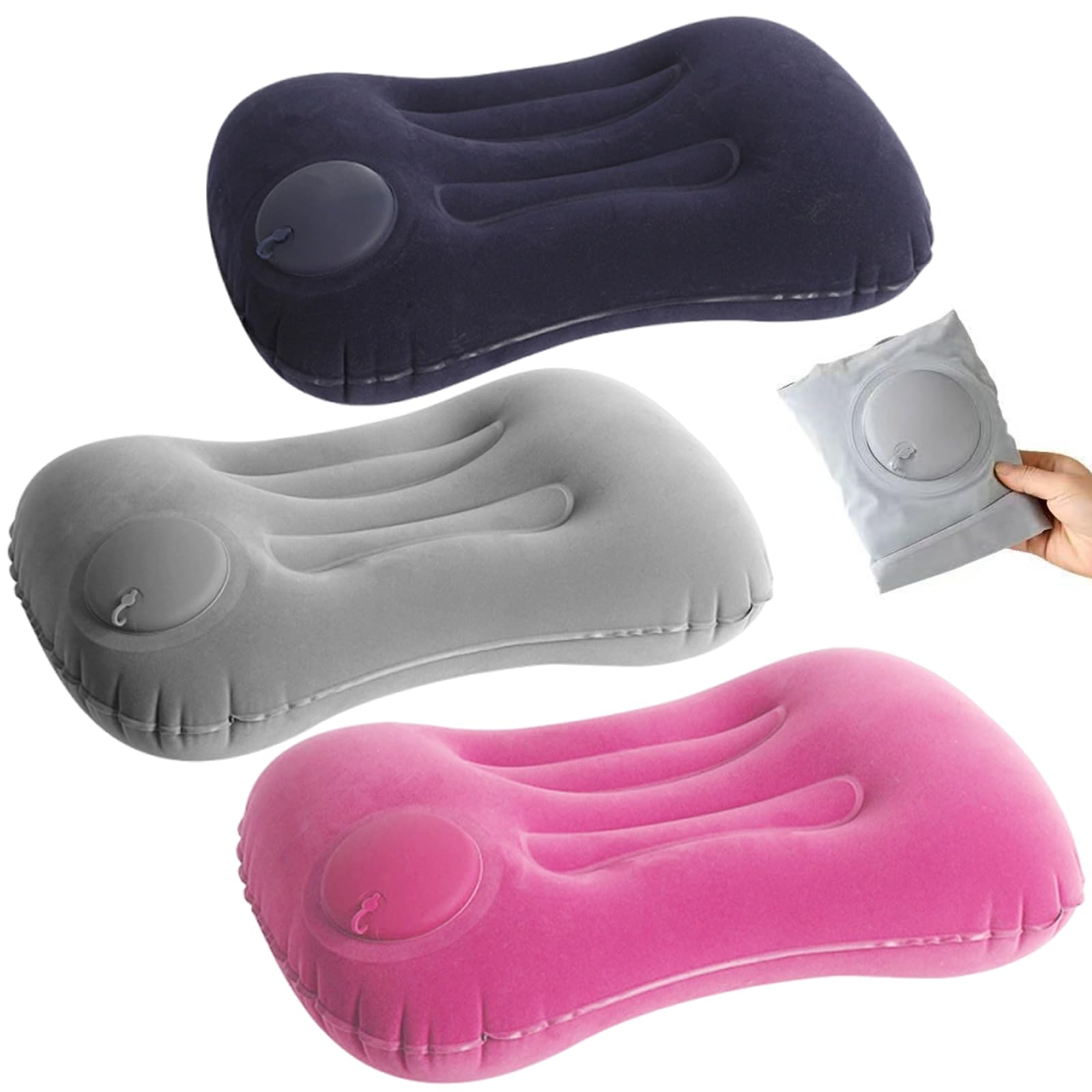 KFSCIP 3 PCS Camping Pillows, Inflatable Pillow, for Adults, Blow Up Pillow, Inflatable Pillows for Camping, for Travel, Compact Design, Grey Pink Navy Colours