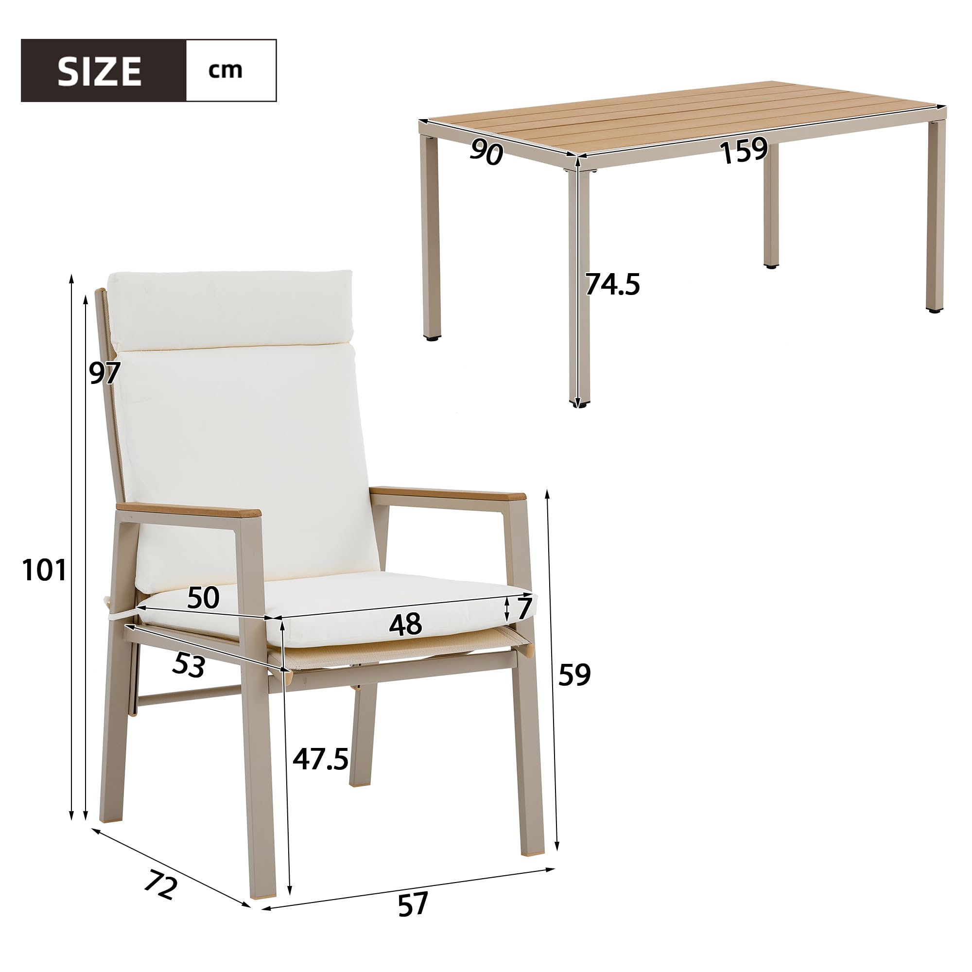 Shye Set da pranzo da giardino, 6 persone, 1 tavolo e 6 sedie, ferro zincato, piano in legno di plastica, cachi, beige