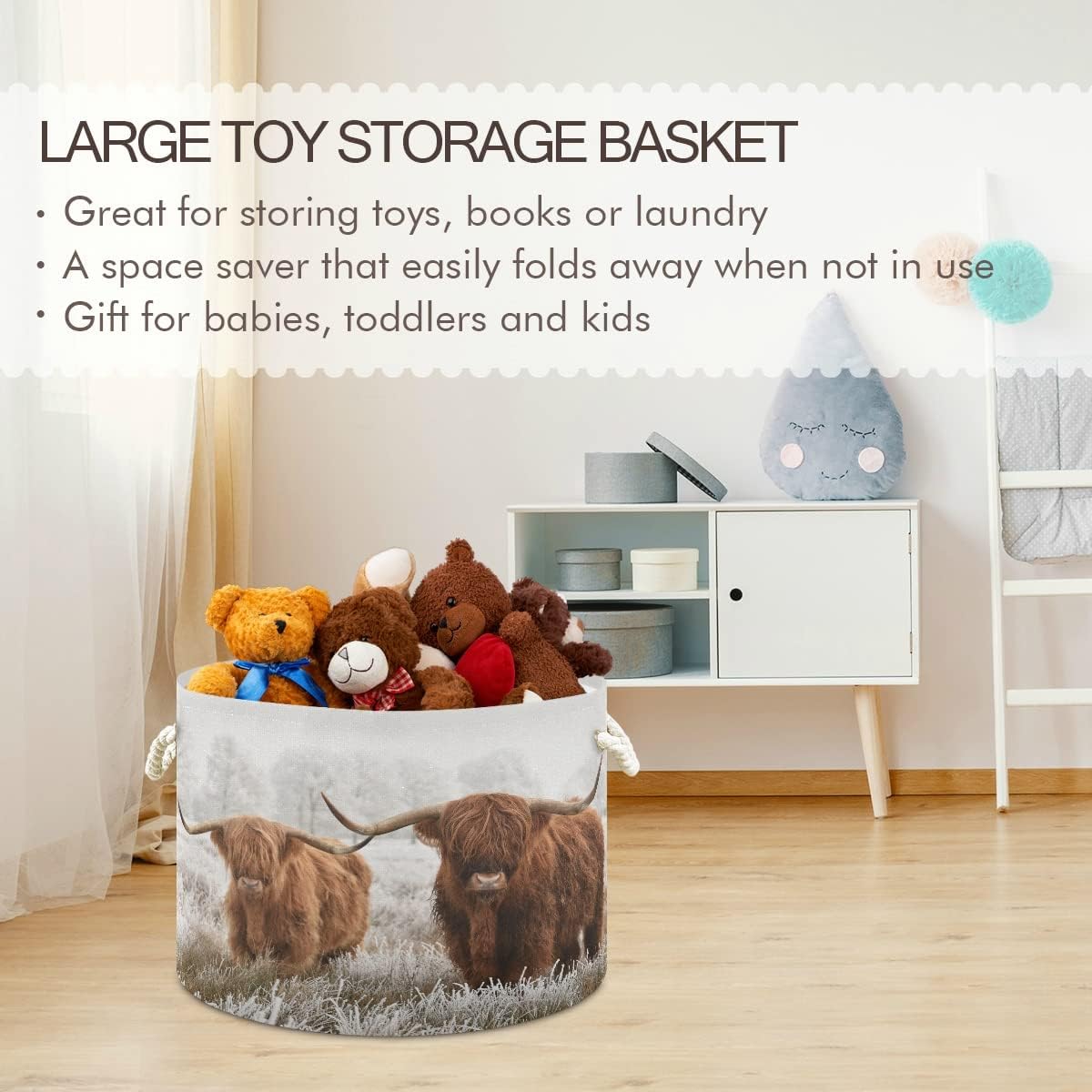 Scottish Highland Cow Cotton Rope Basket, XXX Large Collapsible Storage Basket for Toys, Pillows, Blankets in Living Room, Laundry Room, Bathroom, Home Decor