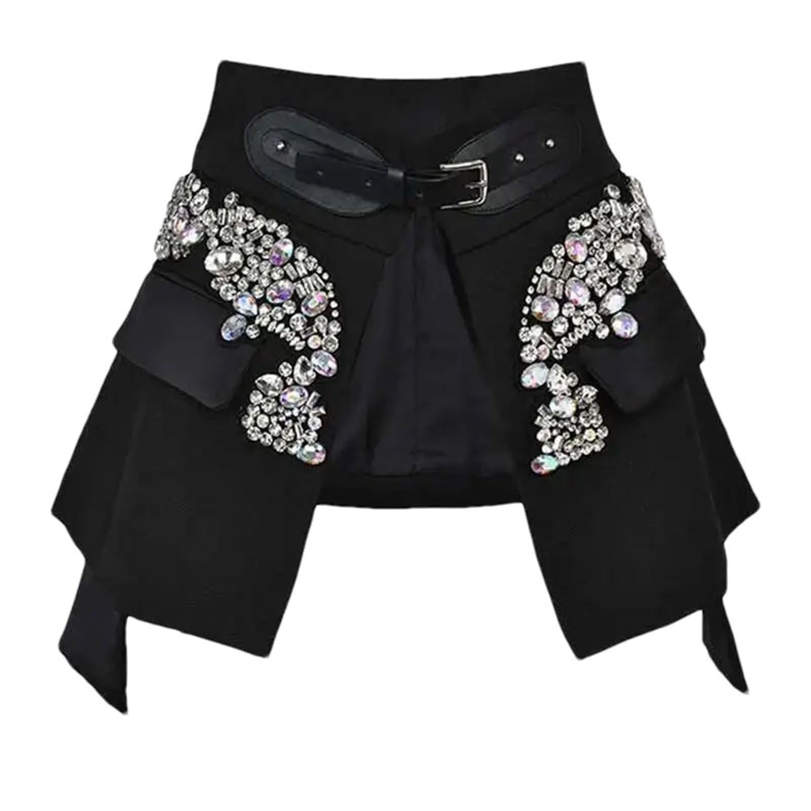 Womens Rhinestone Studded High Waist Mini Skirt with Belt Fashion Asymmetrical Denim Skirt