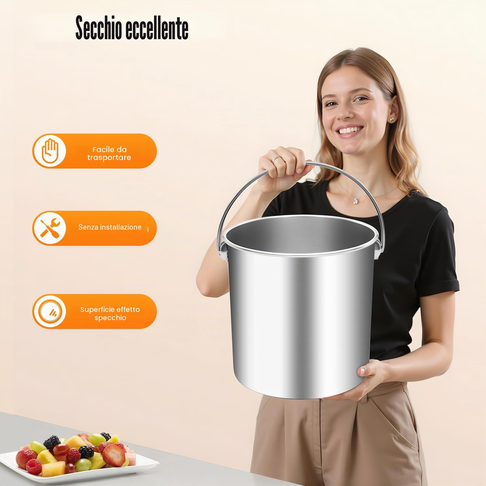 Secchi in acciaio inox con coperchio, 6/12/20 l, per alimenti, secchi da cucina, per latte, per cereali, contenitori per riso, farina e cereali (20L)