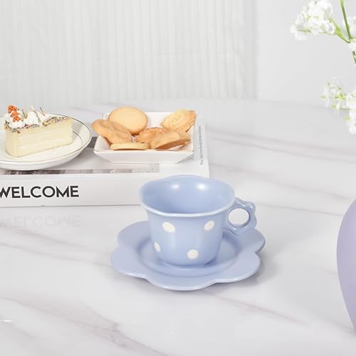 Miniatura 4 de Koythin Taza de café de cerámica con platillo, lindo plato creativo de girasol con punta ondulada para oficina y hogar, apto para lavavajillas y