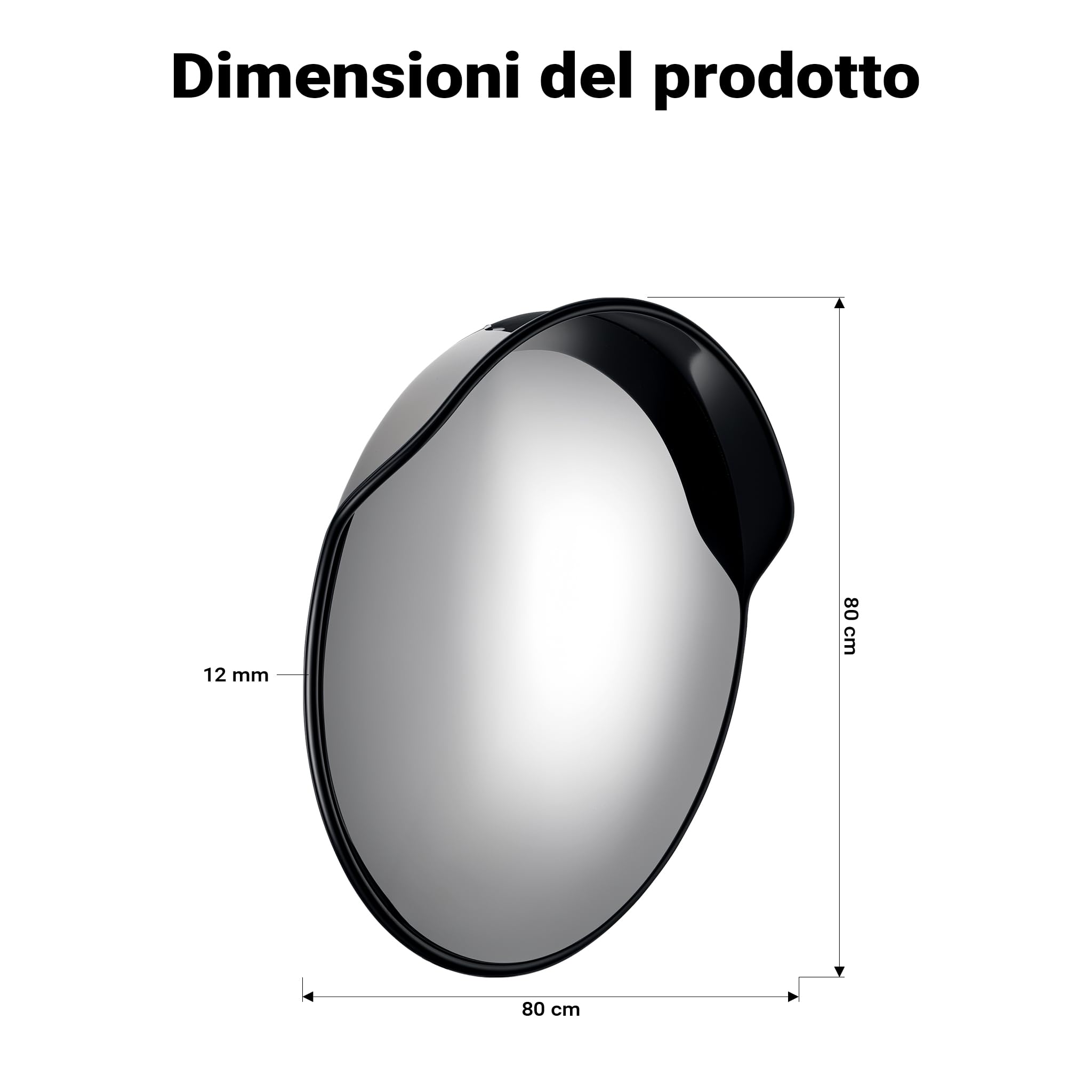 Wiltec Specchio stradale convesso 80 cm con bordo di protezione nero, specchio parabolico rotondo con campo visivo di 130°, per manovre all'esterno, materiale di montaggio incluso