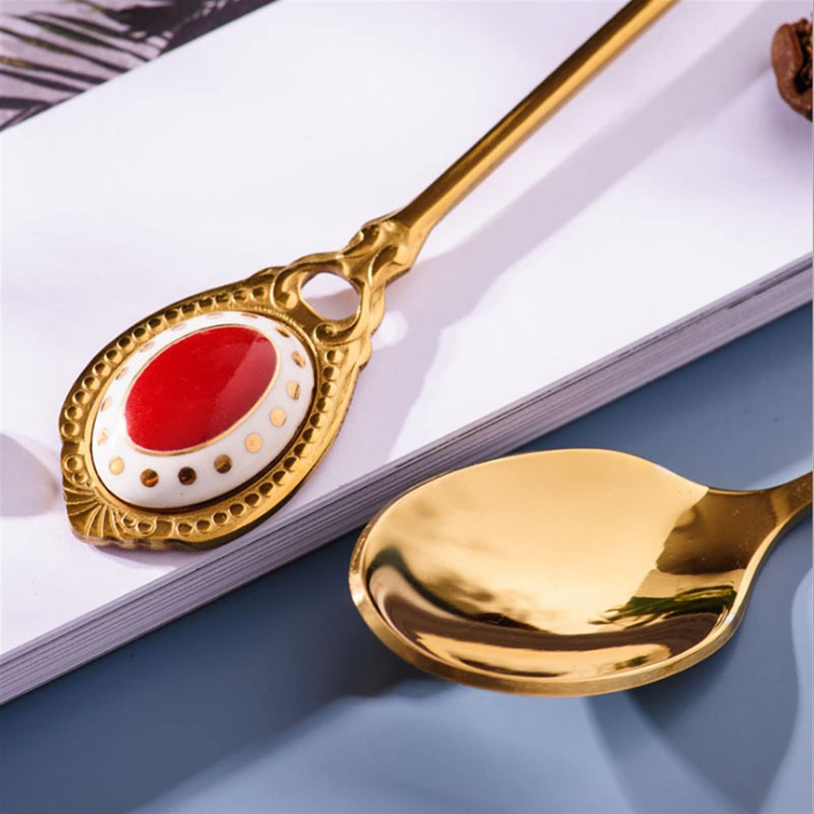 JINGYAN Cucchiaini da caffè Golden Coffee Spoon Retro Small Stainless Steel Ceramic Handle Dessert Afternoon Tea Black Gift(Lotus)