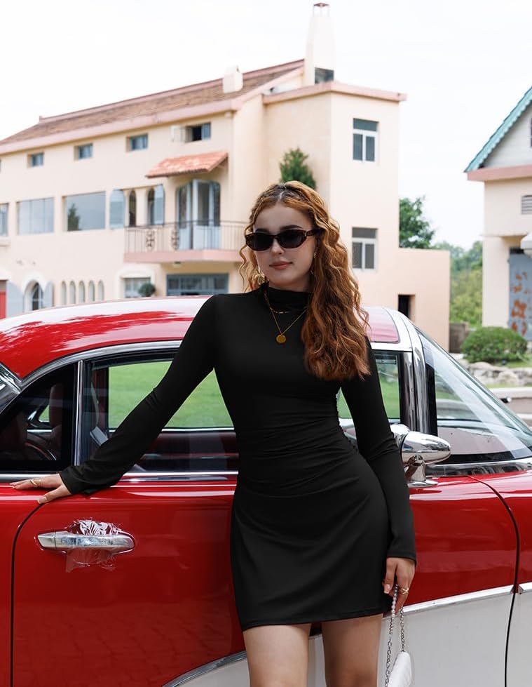 HYZ Women's Sexy Long Sleeve High Neck Ruched Waist Going Out Work A Line Mini Dress - Image 5