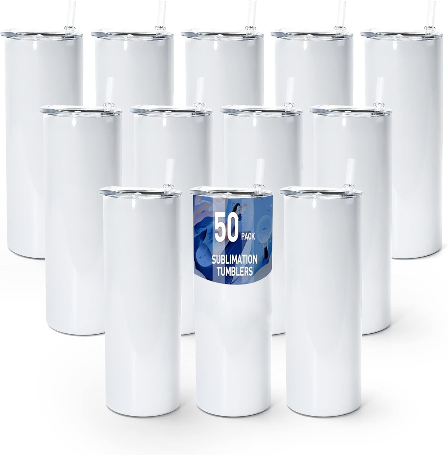 AGH 50 Pack 20oz Sublimation Tumblers Straight Skinny Tumblers Bulk, Stainless Steel Vacuum Insulated Tumbler with Lids & Straws, Double Wall Sublimation Blanks Coffee Tumblers