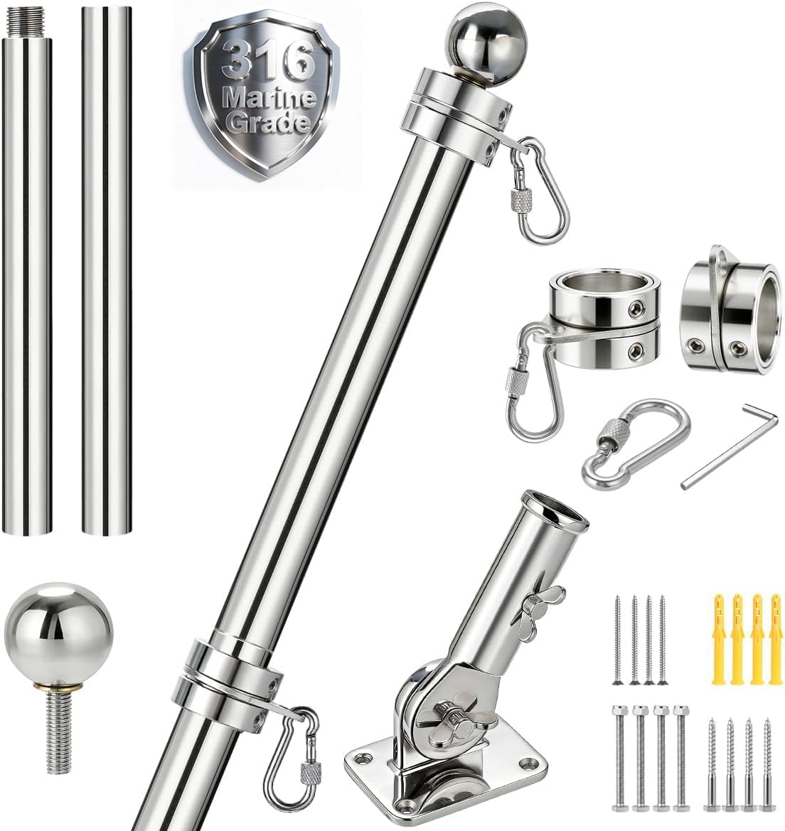 Boat Flag Pole Kit - 316 Stainless Steel Marine Flagpole with Mounting Base & Hardware for Boat, Yacht, Truck, Roof and Wall 24 Inch Heavy Duty Flag Pole with 180° Adjustable Pole Holder
