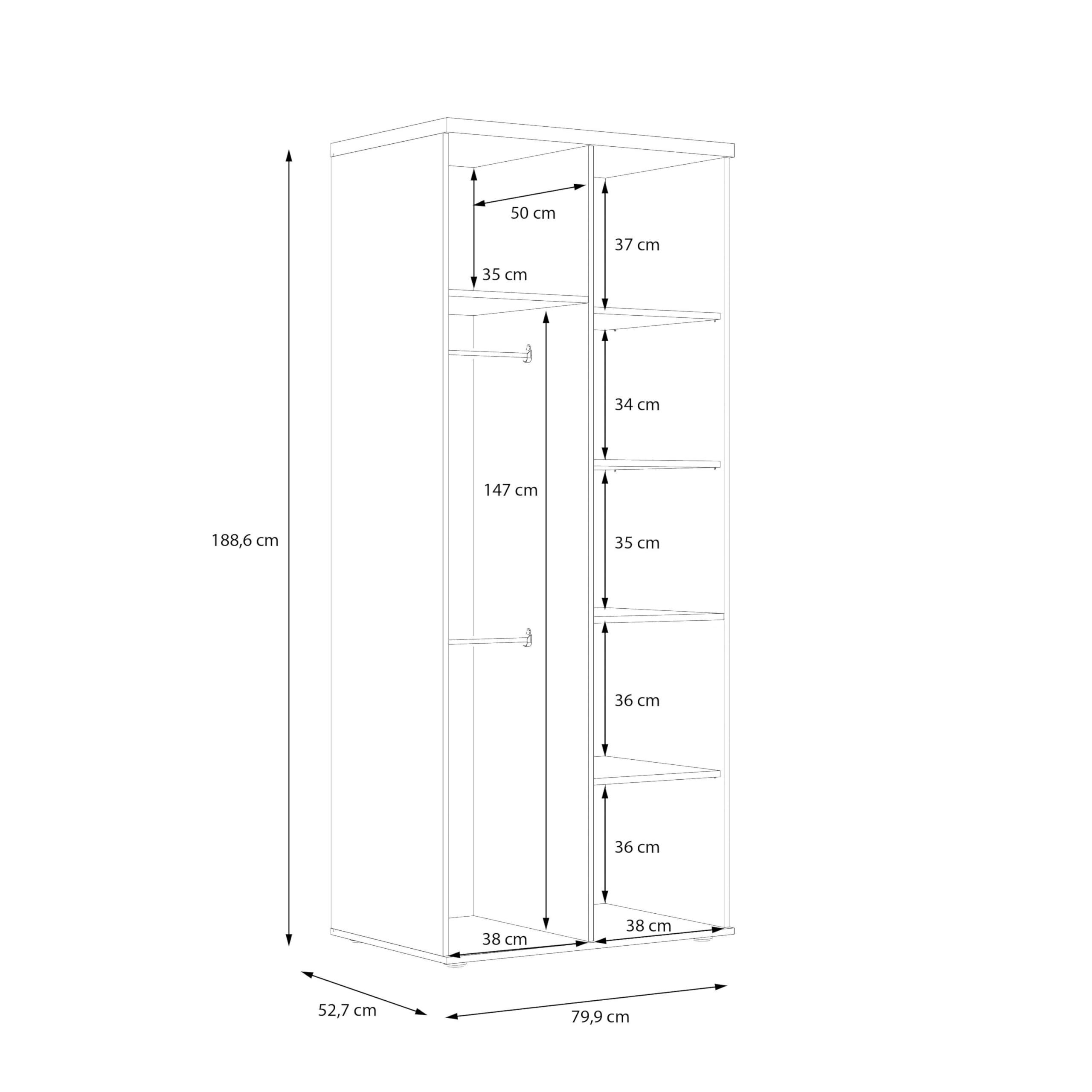 Forte WINNIE Schrank 80, moderner Kleiderschrank, Kinderzimmerschrank, Schlafzimmer, Skandinavischer Stil, 2-türig, Sonoma Eiche Holzdekor/ Weiß, 80 cm breit x 189 cm hoch x 53 cm tief
