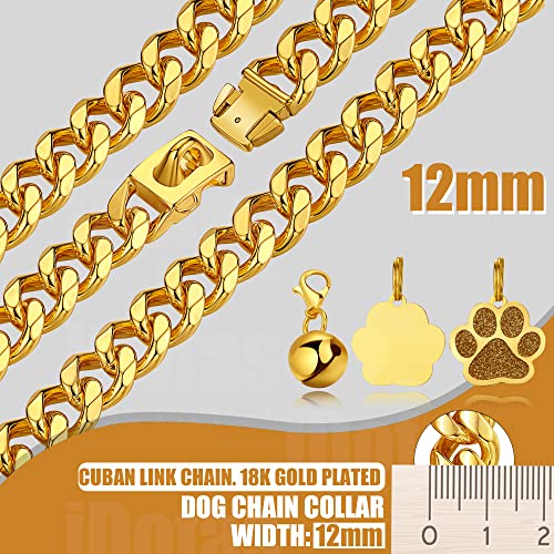 Image of Dog Chain Collars Cuban Link Dog Collar 12mm with Secure Snap, Bell & Dog Tag Stainless Steel Metal 18K Gold Chain Dog Collar for Puppy Small Medium Large Dogs (26 inch)