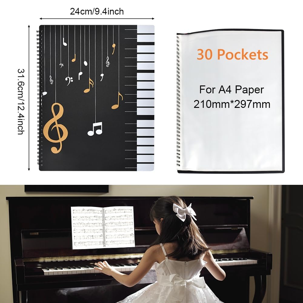 ADERTOS A4 Cartelle Portaspartiti, Raccoglitore Porta Spartiti Musicali, Porta Spartiti per Pianoforte, 30 Tasche/60 Pagine, con 2 Clip, per Spartiti, Pianoforte, Chitarra, Violino