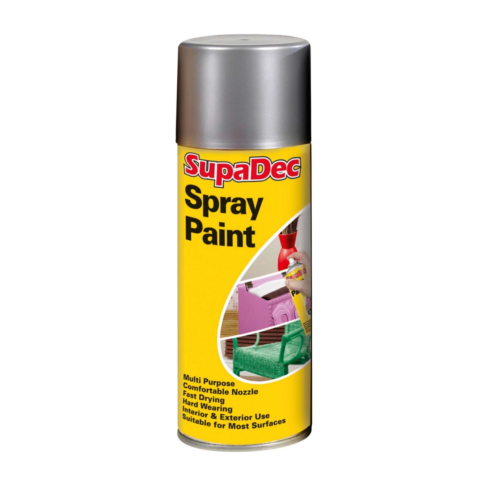 HOCHSTE SupaDec Multi-Purpose Spray Paint, Fast Drying, Durable Finish for Wood, Metal, Masonry, Interior & Exterior Use, Ideal for Craft & Home Projects, 400ml, (Silver, Pack of 1)