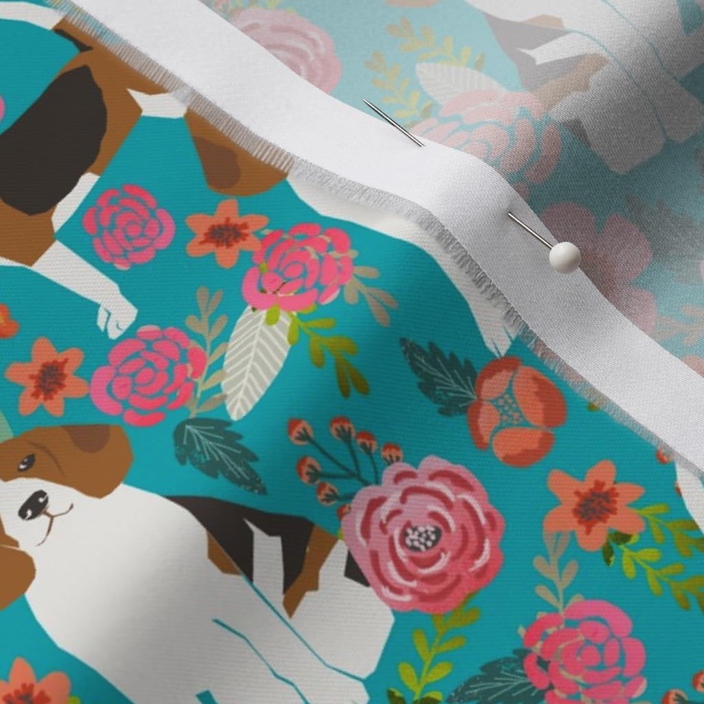 Spoonflower Fabric - Beagle Beagles Cute Dogs Dog Florals Flowers Spring Turquoise Pet Printed on Organic Cotton Sateen Fabric by The Yard - Sewing Quilting Apparel Home Decor