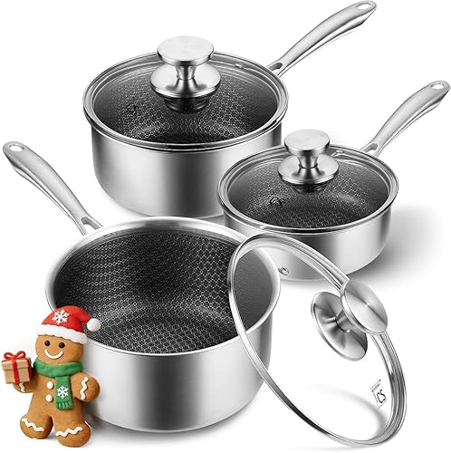 KOCH SYSTEME CS Juego de cacerolas antiadherentes híbridas de acero inoxidable, juego de 6 piezas de cacerolas de acero inoxidable de triple capa