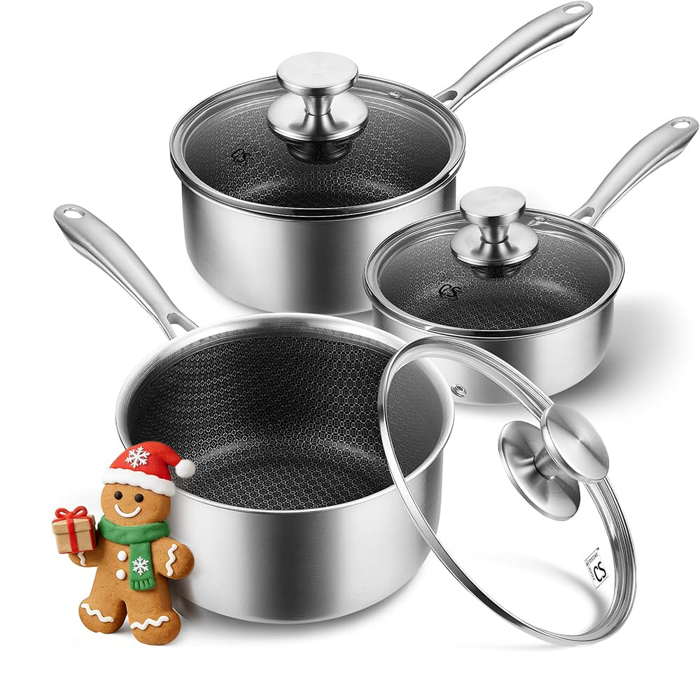 KOCH SYSTEME CS Hybrid Nonstick Stainless Steel Saucepan Set 6-Piece Triply Stainless Steel Saucepan Set with Hybrid Honeycomb