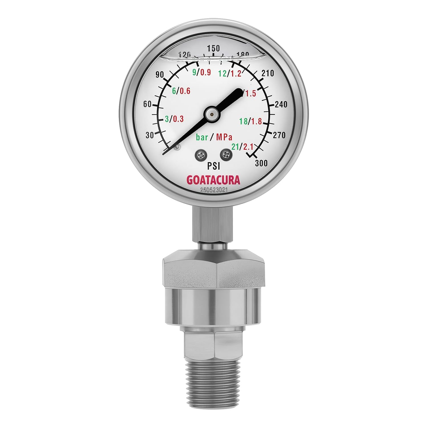 0 to 300psi/bar/MPa Diaphragm Pressure Gauge, 2.5" Dial Size, 1/2" NPT Lower Mount, 1.6% Accuracy, for Spraying Equipment