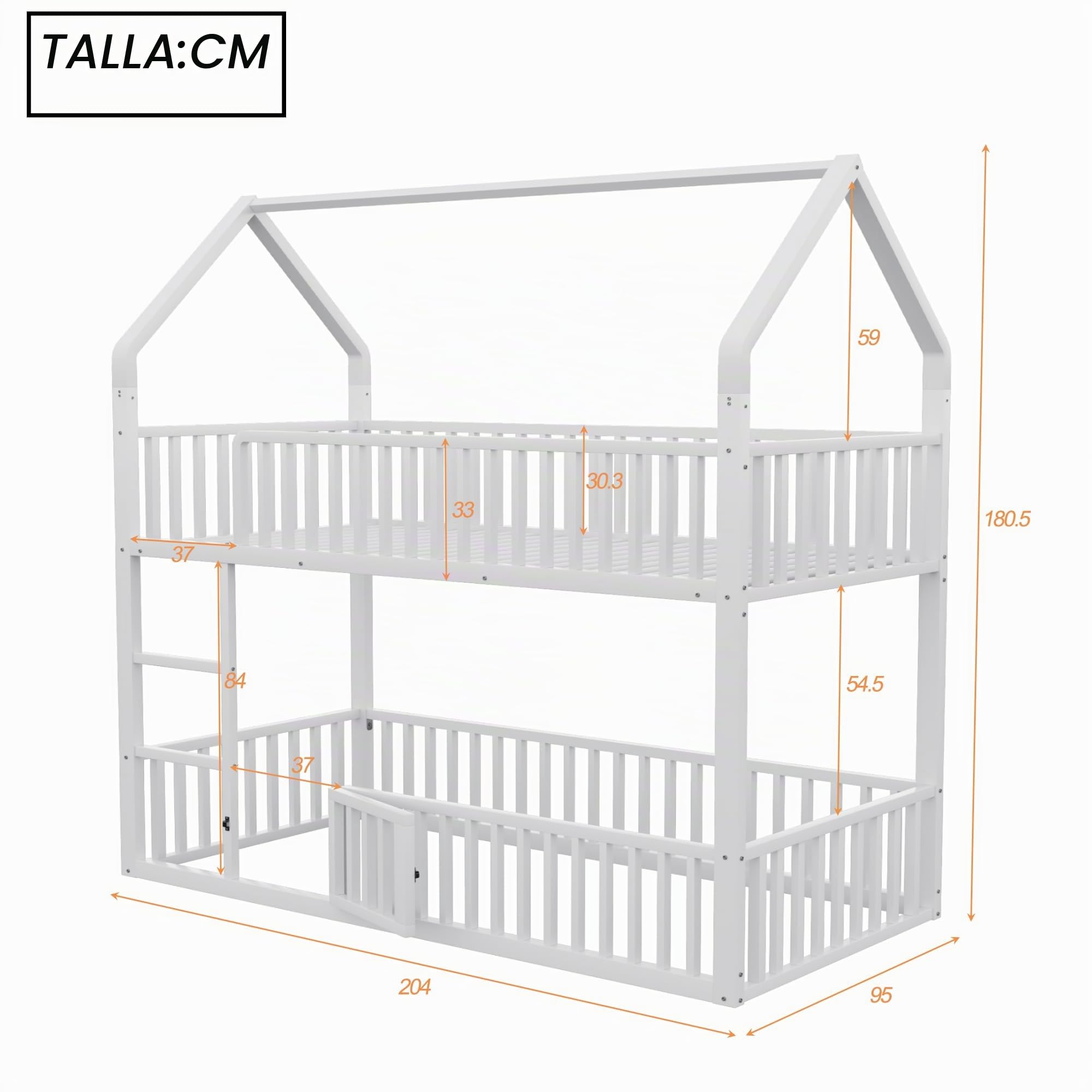 Litera de 90 x 200, cama infantil de metal para 2 niños, cama de casa con escalera y puerta, diseño loft, cama inferior con puerta pequeña para abrir y cerrar, protección anticaídas, sin colchón