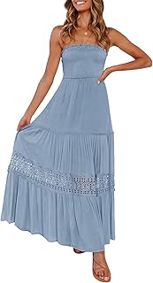 Women's 2025 Summer Bohemian Strapless Off Shoulder Lace Trim Backless Flowy A Line Beach Long Maxi Dress - Buy now