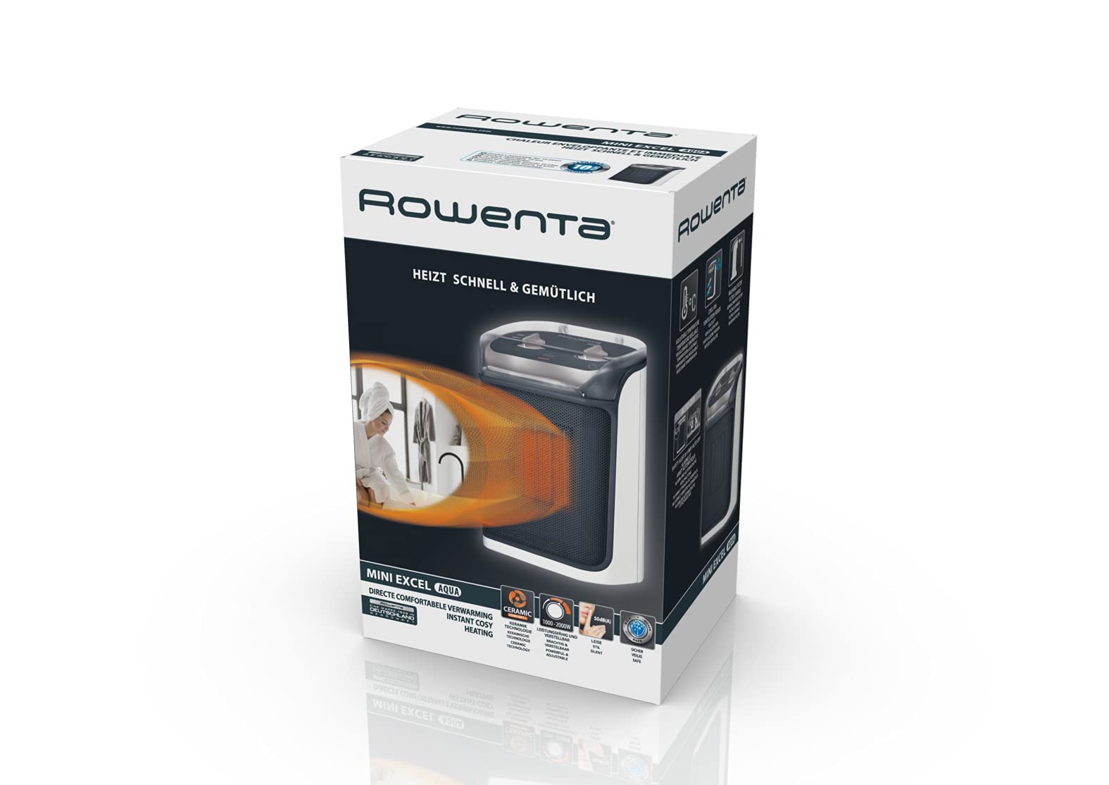 Rowenta Mini Excel Aqua Calentador de cerámica 2 en 1, Calefacción eléctrica, Calefacción supletoria, Ventilación fría, Potente, Silencioso, Compacto, Ideal para el baño SO9281F0