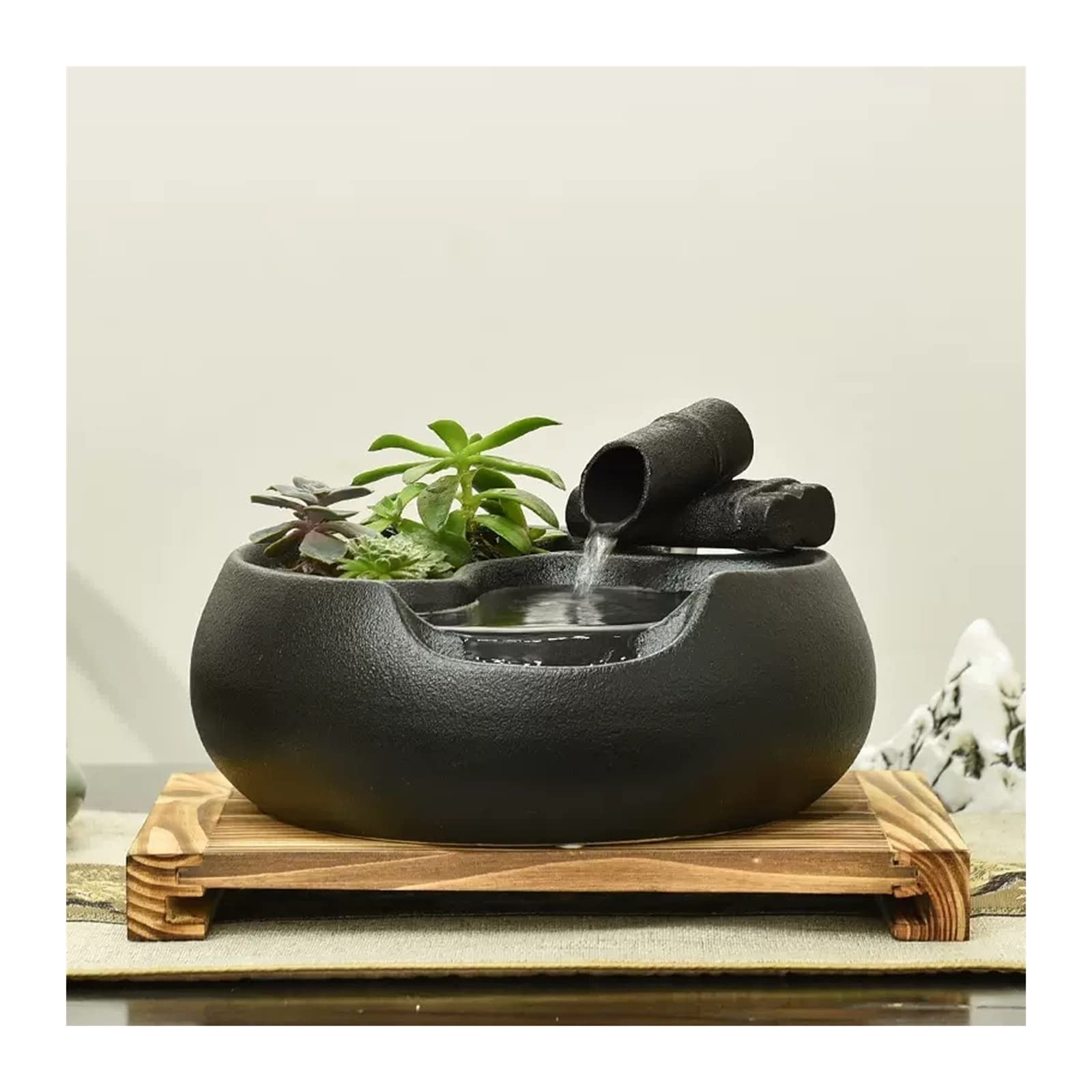 Fuente Decorativa de jardín, Fuente de Agua con Cascada, de cerámica, con Bomba de Agua, Feng Shui Zen, decoración para salón, Dormitorio, Oficina, 31 x 26 x 18 cm, Negro