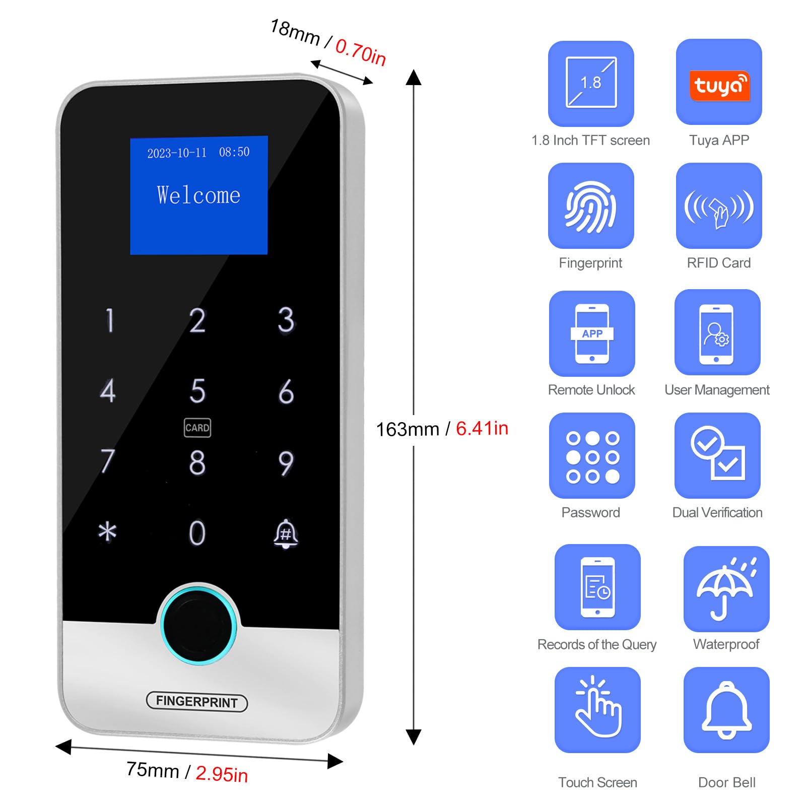 Sistema di controllo accessi con impronta digitale, tastiera RFID impermeabile con alimentatore 12V DC/3A, pulsante di blocco porta, 10 portachiavi.