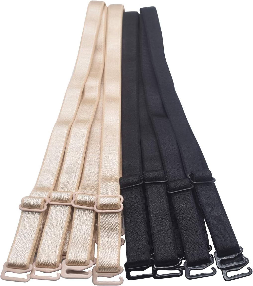 Shoulder Bra Straps Replacement 12mm 15mm 18mm Width 46cm Length Adjustable (12mm Width （4pairs Black & Beige), 12mm Width (4pairs Black & Beige), L