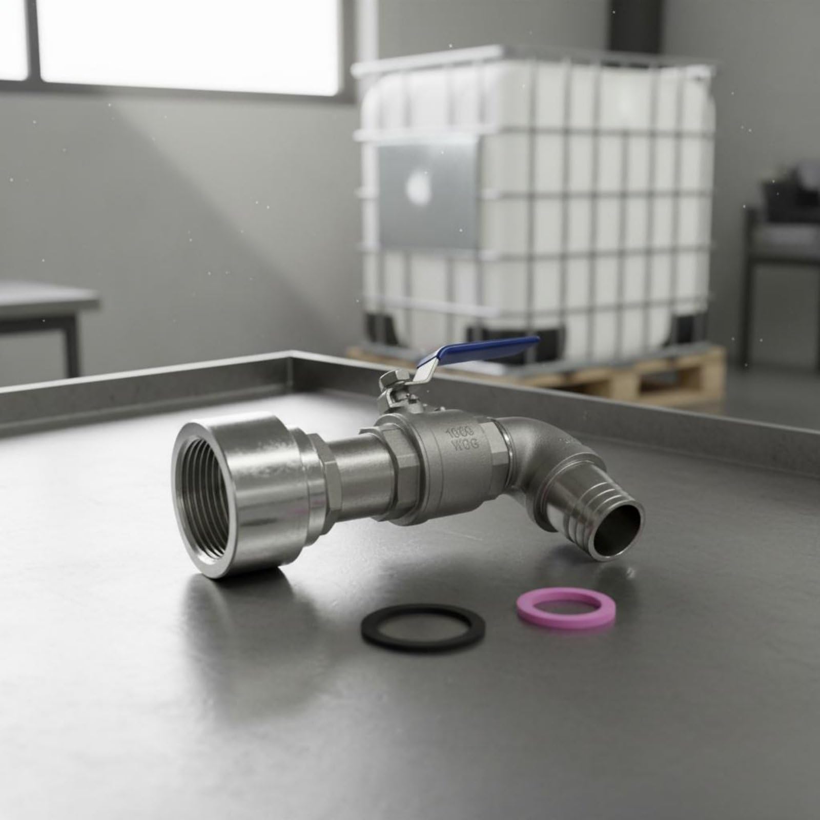 perfk Válvula Adaptadora de Aluminio Válvula de Tanque Adaptador de Contenedor con Rosca Estándar Acero Inoxidable y PVC Opcionales Adecuada para, 48MM, Acero Inox 45°