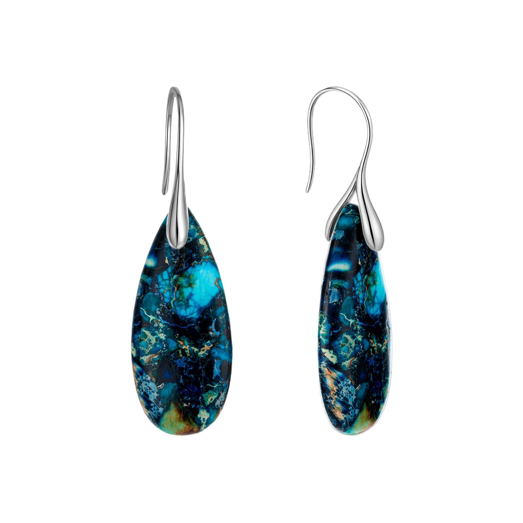 925 Sterling Silver Natural Imperial Jasper Dangle Drop Earrings, Waterdrop Shape, Boho Style
