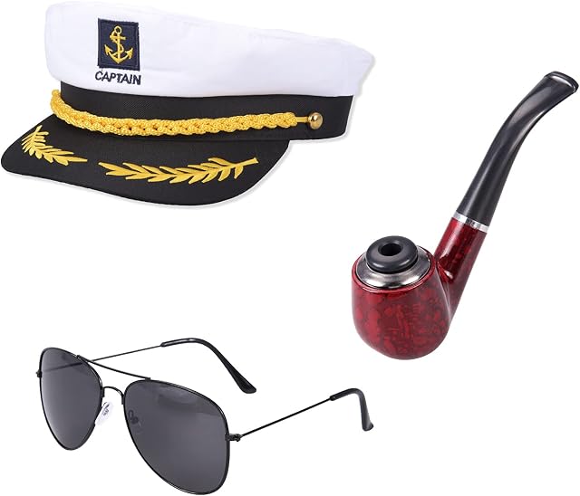 Euvoym Captain Costume Accessories Set Captain Hat with Wooden Pipe with Captain Sunglasses