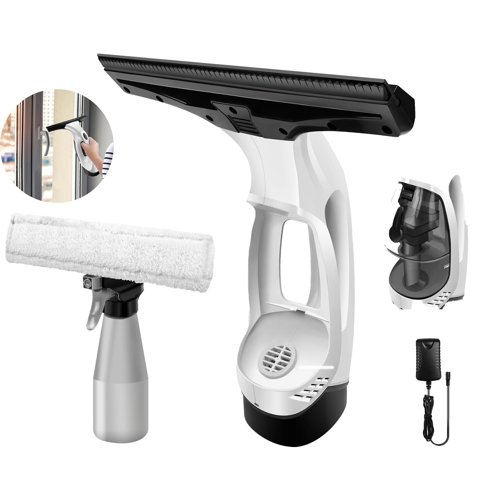Aspirador de ventanas recargable 3 en 1, 2.0 KPA, aspiradora inalámbrica para ventanas, con depósito de agua de 150 ml para ventanas, azulejos, vidrio, espejos, mesas