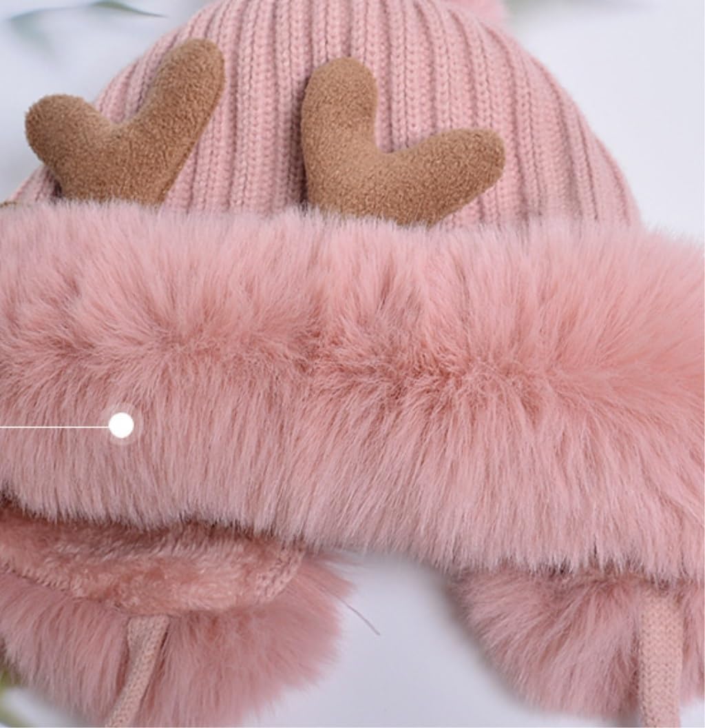 Chapeau d'hiver Bonnets pour Femmes, Chapeaux De Cerf Mignons avec Ficelle, Boule en Fourrure, Bonnets Tricotés Chauds Et Amples Chaud Chapeau(A)