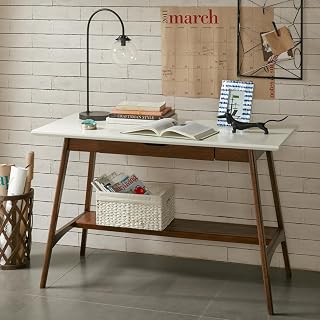 Parker Console Table Solid Wood, Two-Tone Finish with Lower Storage Shelf Modern Mid-Century Accent Living Room Furniture, Medium, White+ Pecan