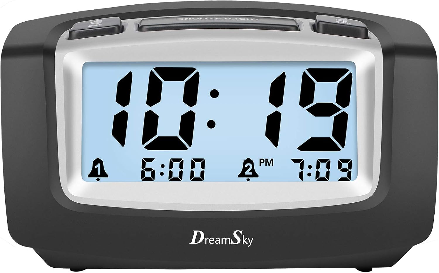 DreamSky Dual Alarm Clock with Smart Adjustable Nightlight, Snooze, Large LCD Display, Portable Battery Operated, Ascending Alarms Sound, Simple Operate Clocks for Bedroom and Kids