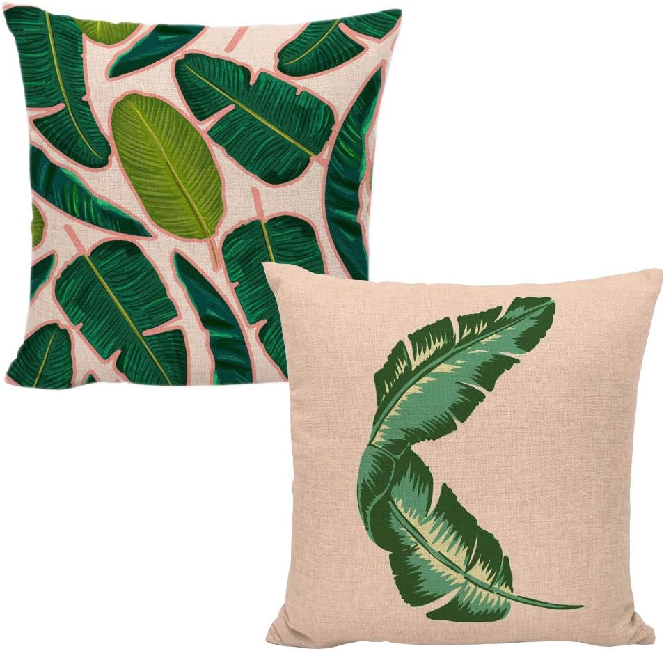 Tropical Leaves Pillow Covers Cotton Linen Decorative Summer Green Leaf Throw Cushion Cover for Sofa Bed Car Couch and Summer Party Favor,18x18inch Green Pink
