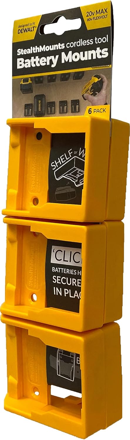 StealthMounts Battery Holder Compatible with DeWalt 20/60V Batteries (6 Pack) - Yellow Battery Mounts | Made in the UK