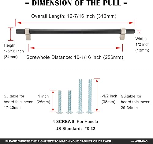 Miniatura 5 de Paquete de 1 unidad AP1310 de 10 pulgadas, barra hexagonal negra y mango cromado para gabinete de cocina, herrajes sólidos para cajones, aparadores,