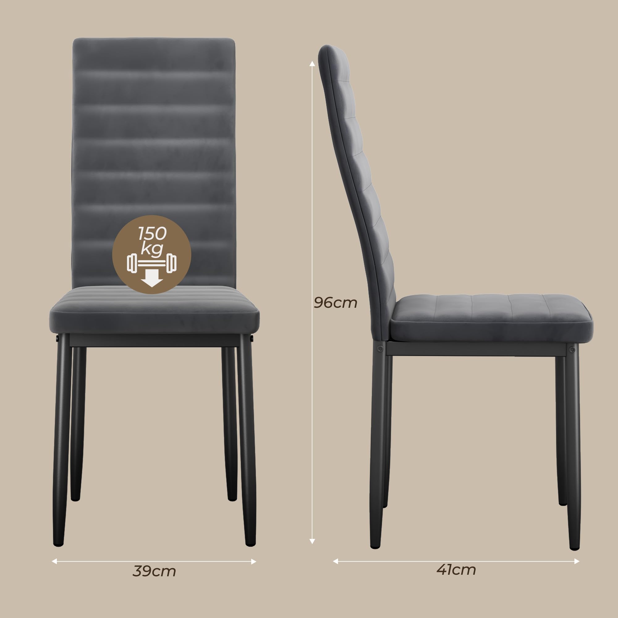 4 Chaises Salle à Manger en Velours, Lot de 4 Chaises de Cuisine, Chaise de Salon Mobilier, Idéales pour la Salle à Manger, Le Bureau et Le Salon, Gris Foncé, Daim