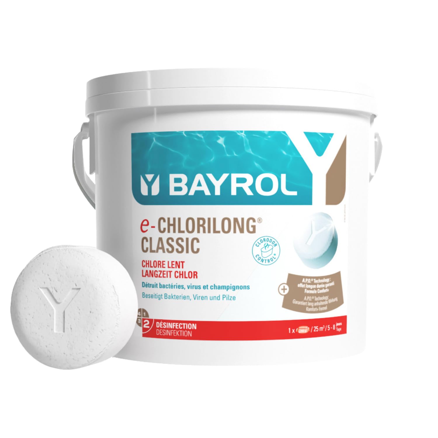 BAYROL e-Chlorilong® Classic Piscine 5 kg - Galets de Chlore Lent 200g - 92% Chlore Actif - Désinfection Permanente Haute Concentration - Anti-Calcaire