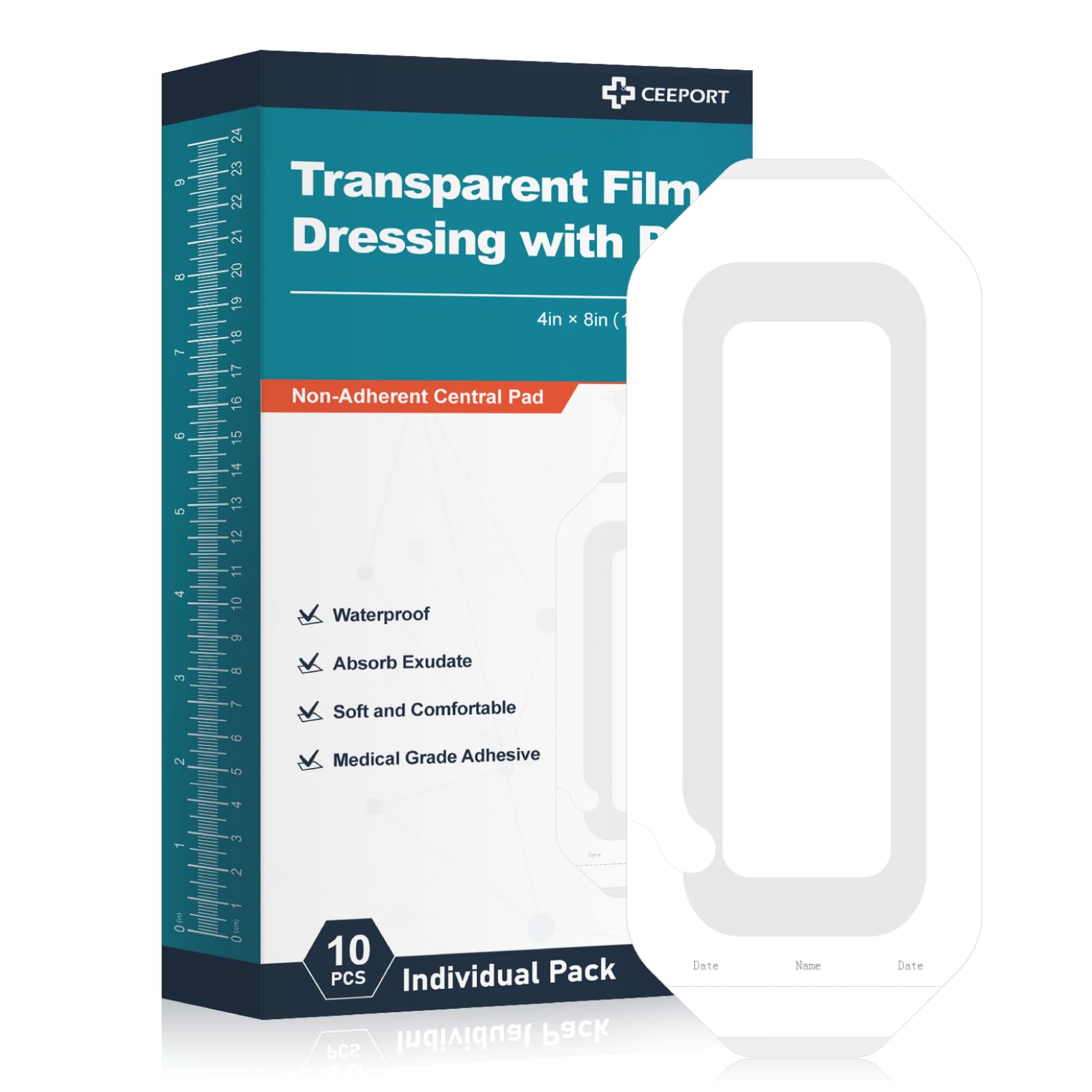 Ceeport Waterproof Transparent Film Dressing with Pad 10 Pack, 4"x8" Large Bandages Adhesive Patches, Wound Cover Patches for Post Surgical, IV Shield