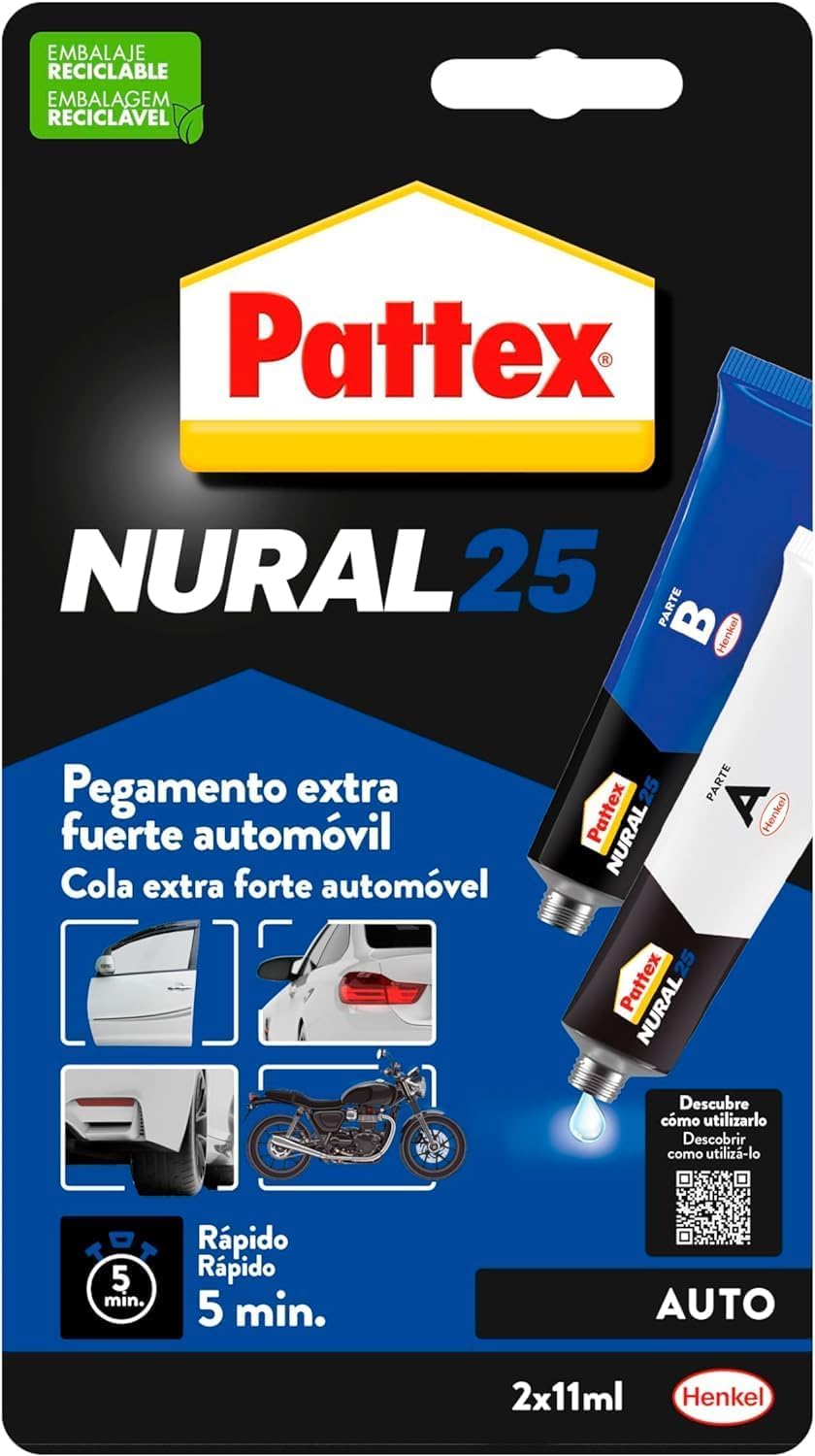 Pattex Nural 25 Pegamento extra fuerte auto, adhesivo resistente para la mayoría de materiales del automóvil, pegamento para coche rápido, 2 x 11 ml | Actúa en 5 min, Repara Carrocería, Resistente a Combustibles/Ácidos/Vibración, Soporta -30 a 150+ °C, Lijable y Mecanizable