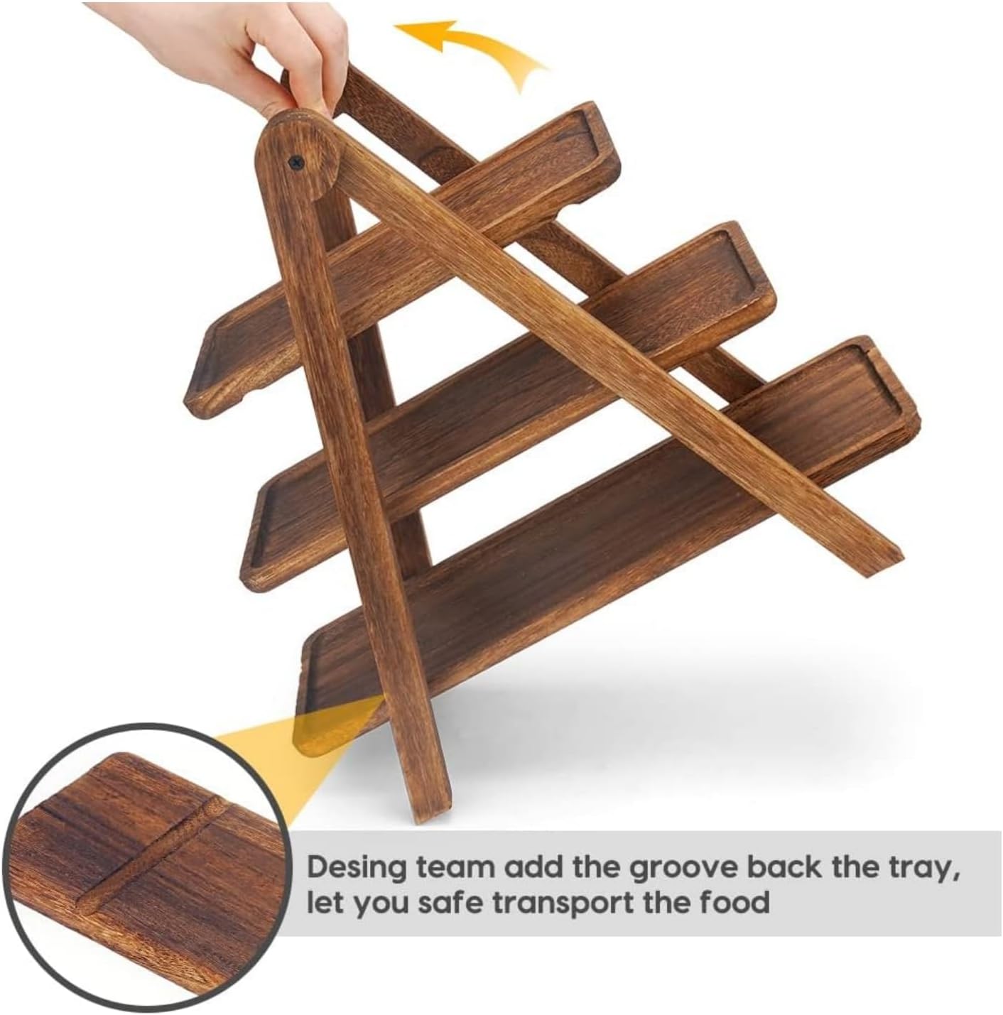 3 Tier Wooden Serving Tray Stand, Farmhouse Style 3 Tier Serving Tray Wood, Foldable Tiered Serving Tray for Desserts, Cupcakes, Charcuterie & Party Display, 13.46” x 7” x 15.75”
