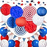 USA 4th of July Patriotic Decorations - 41 pcs Blue Red and White Paper Fans, Lanterns, Pompoms, Triangle Garland, Star Garland, Honeycomb and Balloons