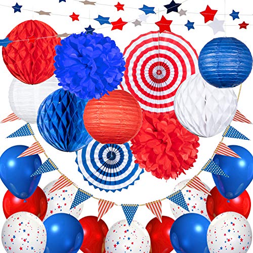USA 4th of July Patriotic Decorations - 41 pcs Blue Red and White Paper Fans, Lanterns, Pompoms, Triangle Garland, Star Garland, Honeycomb and Balloons