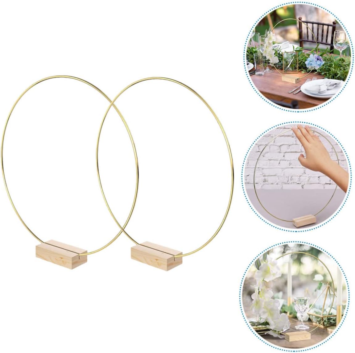 ABOOFAN 2 Sets Large Metal Floral Hoop Wreath Desktop Craft Rings with Wood Base for DIY Wedding Decor Strong Crafting for Home Office Decoration