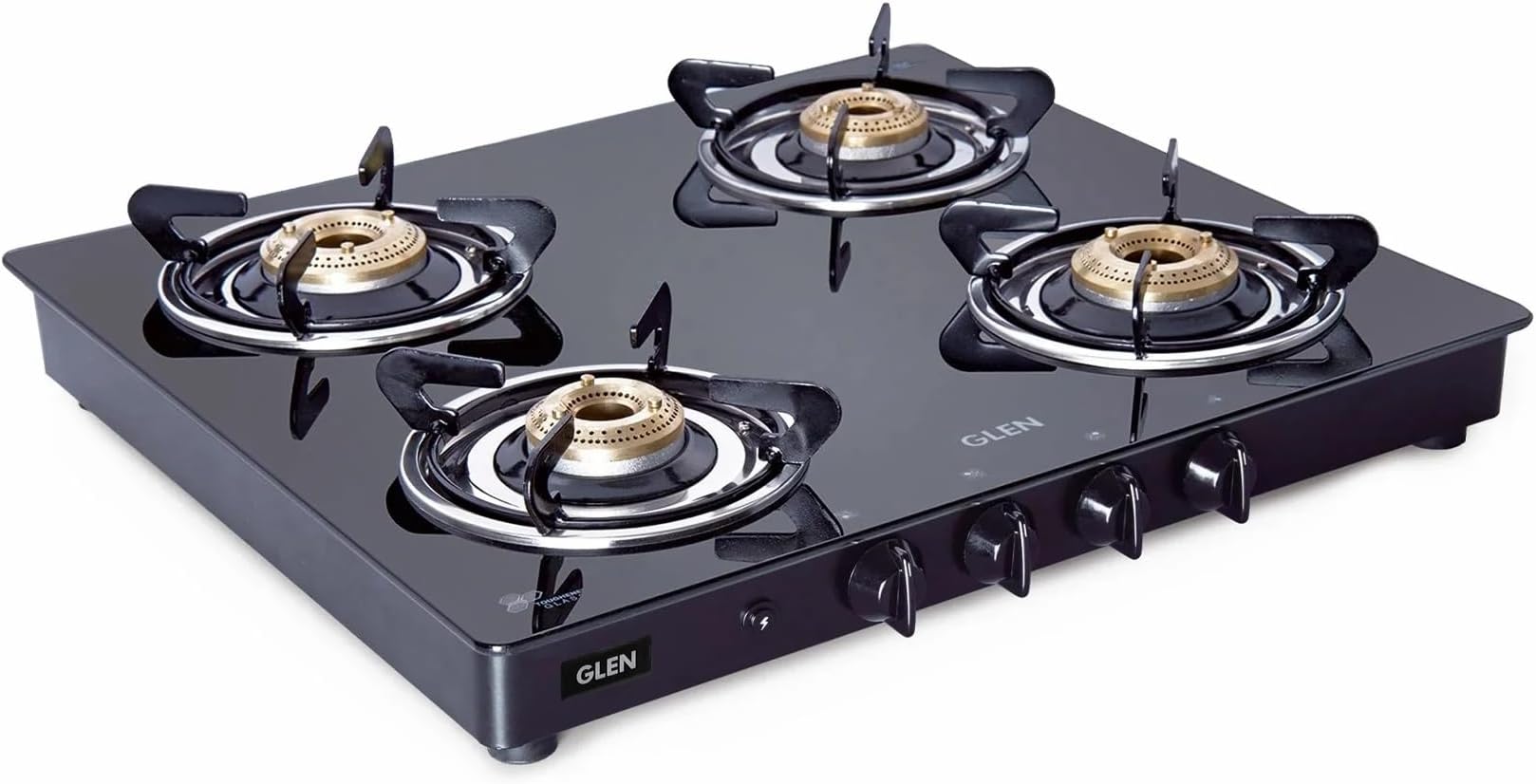 Glen Gas Stove 4 Burner Toughened Glass Top LPG Gas Stoves 60 cm | Fuel Efficient Auto Ignition Brass Burners Black | 360 Degree Revolving Nozzle | 2 Year Warranty