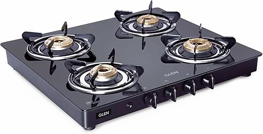 Glen Gas Stove 4 Burner Toughened Glass Top LPG Gas Stoves | Fuel Efficient Auto Ignition Brass Burners Black | 360 Degree Revolving Nozzle | 2…