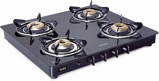 Glen Gas Stove 4 Burner Toughened Glass Top LPG Gas Stoves 60 cm | Fuel Efficient Brass Burners | Auto Ignition | Black | ...