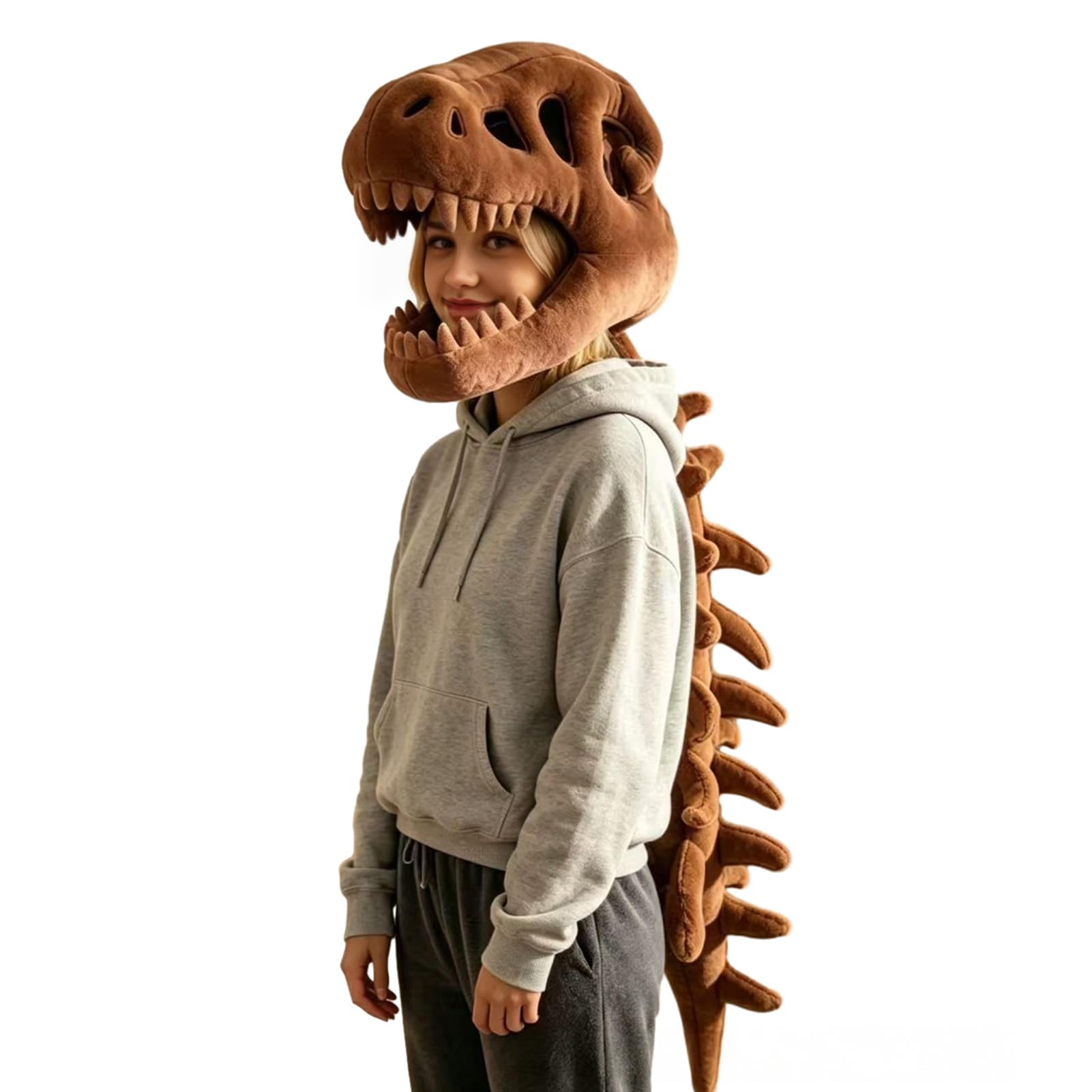 3D Plush Dinosaur Skeleton Costume,Halloween Cosplay Headpiece with Soft PP Cotton,Spinosaurus Skull & Spine 80/120cm Sizes Dress-Up Play Realistic Wearable Dino Outfit for Everyone Brown 80 cm