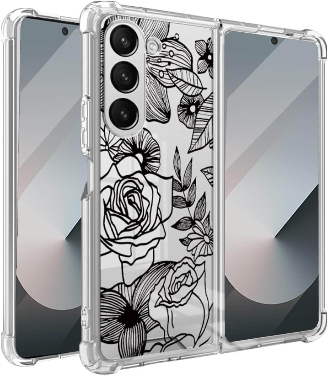 for Samsung Galaxy Z Fold 7 Clear Floral Case for Women,Cute Flower Pattern Design Soft Silicone+Hard PC Shockproof Girls Slim Transparent Protective Case for Galaxy Z Fold 7 5G, Black Flower - Image 3