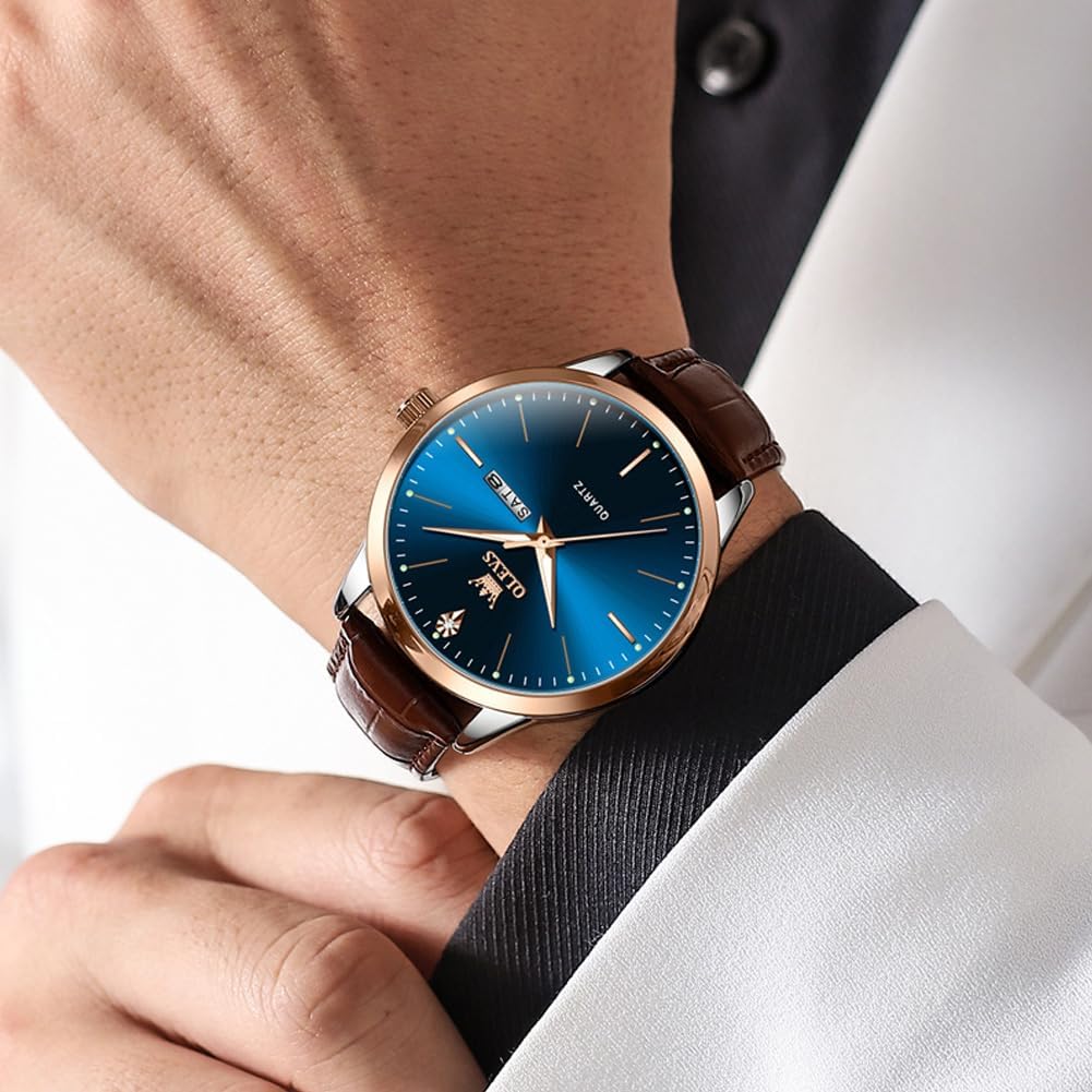 OLEVS Mens Watches Vintage Leather Band Dress Classic Easy Reader Arabic Numerals Analog Quartz Waterproof Date and Day Blue/Black/White Large Face Men's Wrist Watches - Image 2