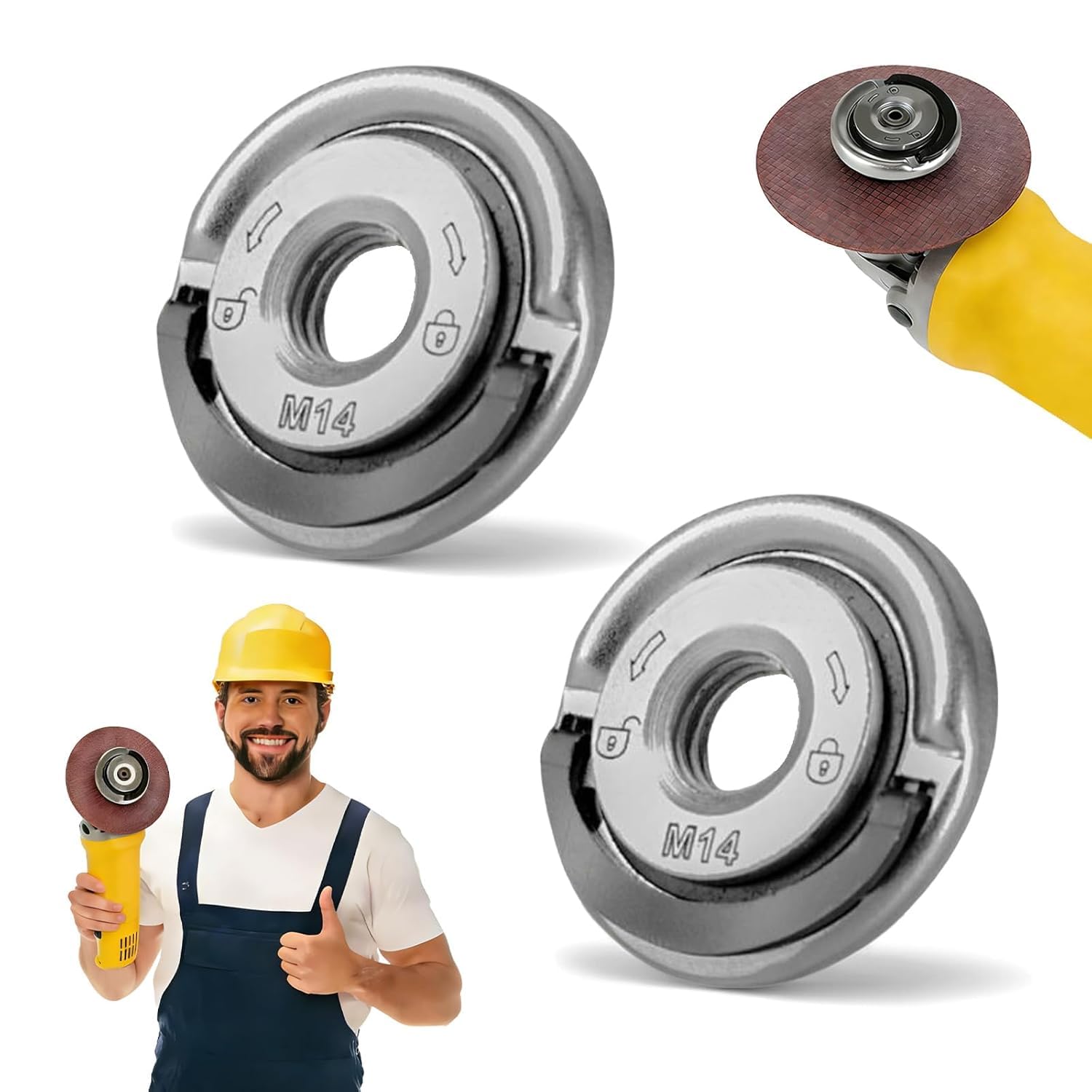 EMESAK Angle Grinder Flange Nut M14 Thread, Self-Tightening Tool-Free Quick Release Locking Nut Replacement, M14 Angle Grinder Grinding Discs for Bosch, Makita, Metabo, Milwaukee (2 Pack)